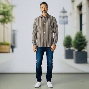 GAP Mens Button Down Shirt Size XL Brown Striped Long Sleeve Woven Cotton Casual